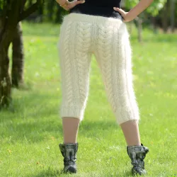 White Hand Knitted Mohair pants Handgestrickt pullover by Extravagantza