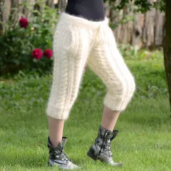 White Hand Knitted Mohair pants Handgestrickt pullover by Extravagantza