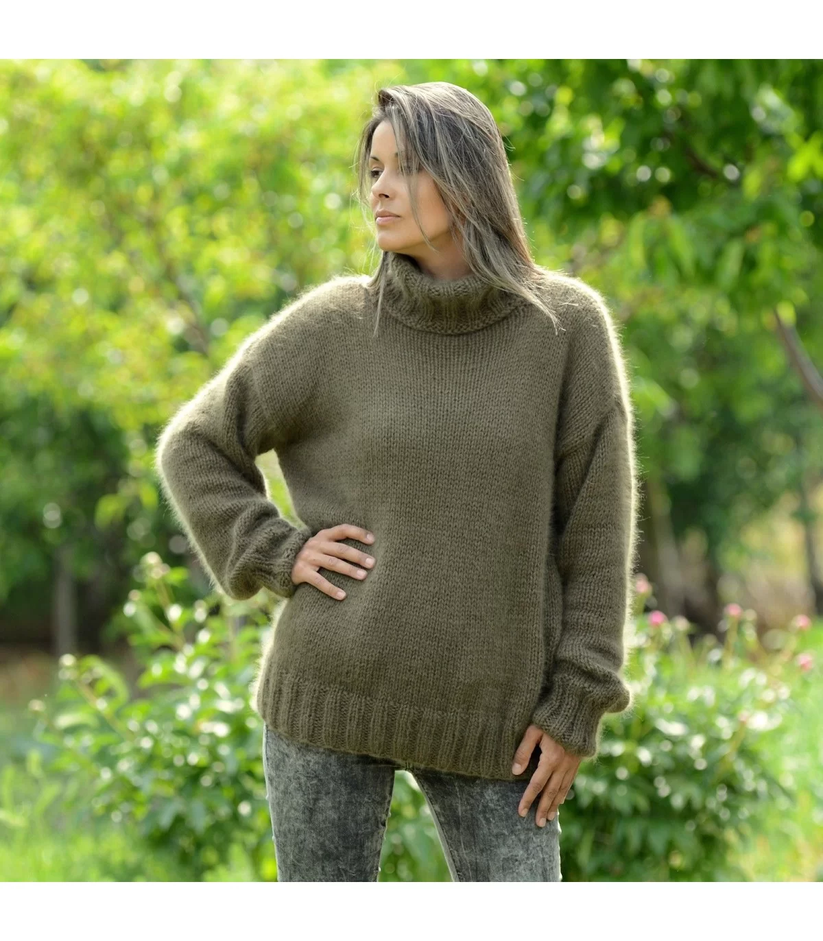 Forstyrrelse stil du er 3 Strands 100% Pure Angora Hand Knit Sweater Olive Green Turtleneck