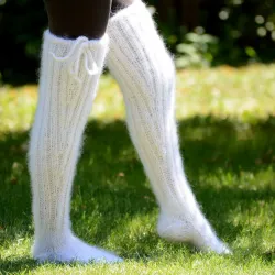 Hand knit mohair socks fuzzy stockings WHITE leg warmers by Extravagantza