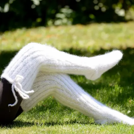 Hand knit mohair socks fuzzy stockings WHITE leg warmers by Extravagantza
