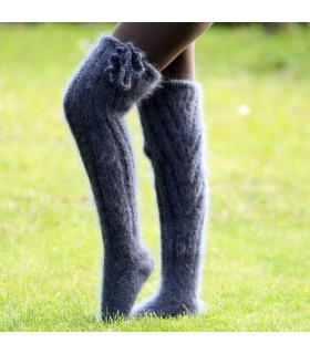 Hand knit mohair socks fuzzy stockings Dark grey - blue leg warmers by Extravagantza
