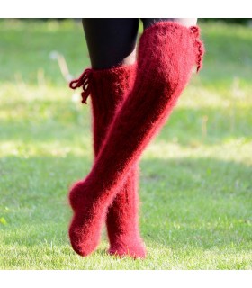 Hand knit mohair socks fuzzy stockings Dark red leg warmers by Extravagantza