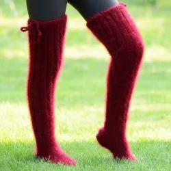 Hand knit mohair socks fuzzy stockings Dark red leg warmers by Extravagantza