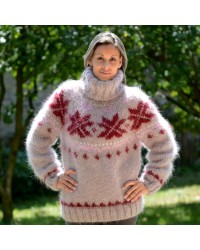 Icelandic Hand Knit Mohair Sweater Beige and Red Fuzzy Turtleneck Handgestrickte pullover