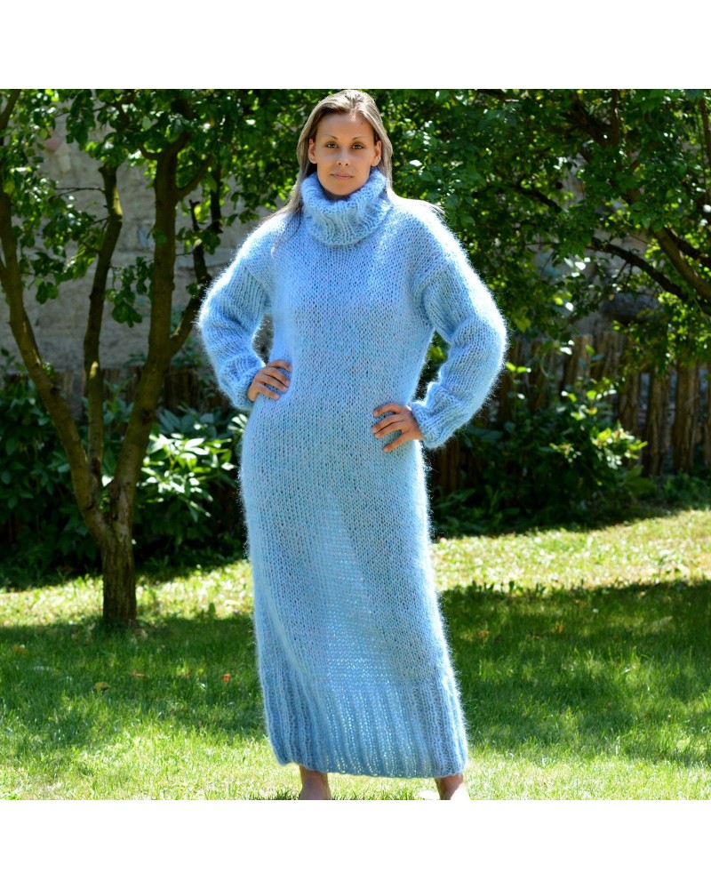 Hand Knitted Mohair Dress Blue Fetish Sweater Turtleneck Handgestrickte pullover by EXTRAVAGANTZA.