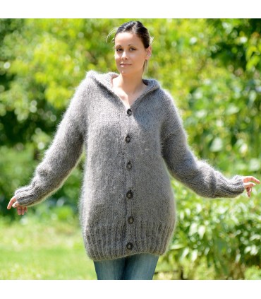 GREY Hooded Hand Knit Mohair Fuzzy Cardigan