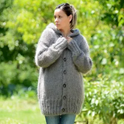 Grey hand Knit Mohair cardigan pink Handgestrickte pullover by Extravagantza