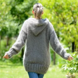 Grey hand Knit Mohair cardigan pink Handgestrickte pullover by Extravagantza