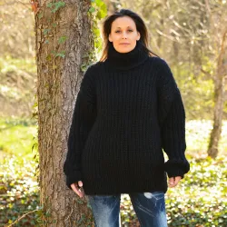 Cable Hand Knitted Mohair Wool Ribbed Sweater Black Color Fuzzy Turtleneck