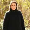 Cable Hand Knitted Mohair Wool Ribbed Sweater Black Color Fuzzy Turtleneck