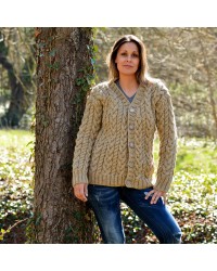 Chunky Cable Hand Knit 100 % Wool Cardigan Camel Beige color V-neck Single Stranded