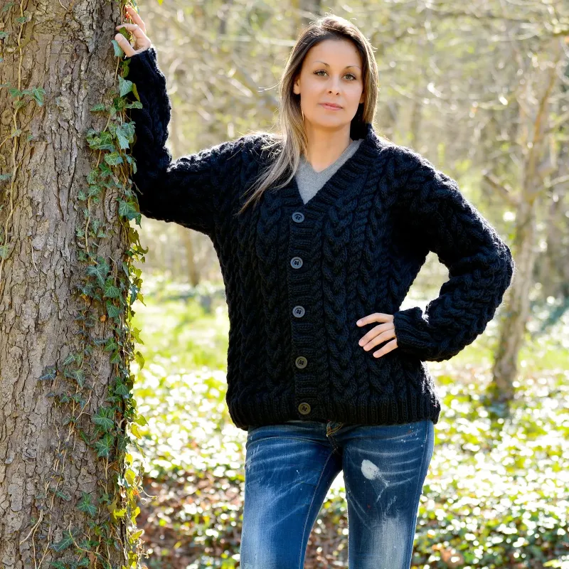 Chunky Cable Hand Knit 100 % Wool Cardigan Black color V-neck Single Stranded