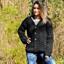 Chunky Cable Hand Knit 100 % Wool Cardigan Black color V-neck Single Stranded