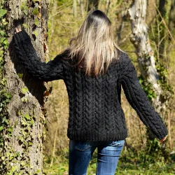 Chunky Cable Hand Knit 100 % Wool Cardigan Black color V-neck Single Stranded