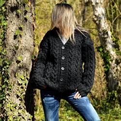 Chunky Cable Hand Knit 100 % Wool Cardigan Black color V-neck Single Stranded