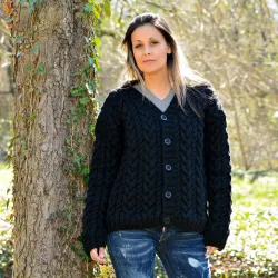Chunky Cable Hand Knit 100 % Wool Cardigan Black color V-neck Single Stranded