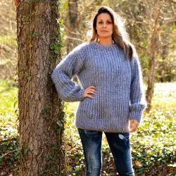 Hand Knit Mohair Ribbed Sweater Light Grey Fuzzy Cable Crew neck Pullover