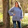Hand Knit Mohair Ribbed Sweater Light Grey Fuzzy Cable Crew neck Pullover