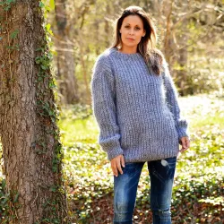 Hand Knit Mohair Ribbed Sweater Light Grey Fuzzy Cable Crew neck Pullover