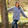 Hand Knit Mohair Ribbed Sweater Light Grey Fuzzy Cable Crew neck Pullover