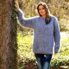 Hand Knit Mohair Ribbed Sweater Light Grey Fuzzy Cable Crew neck Pullover