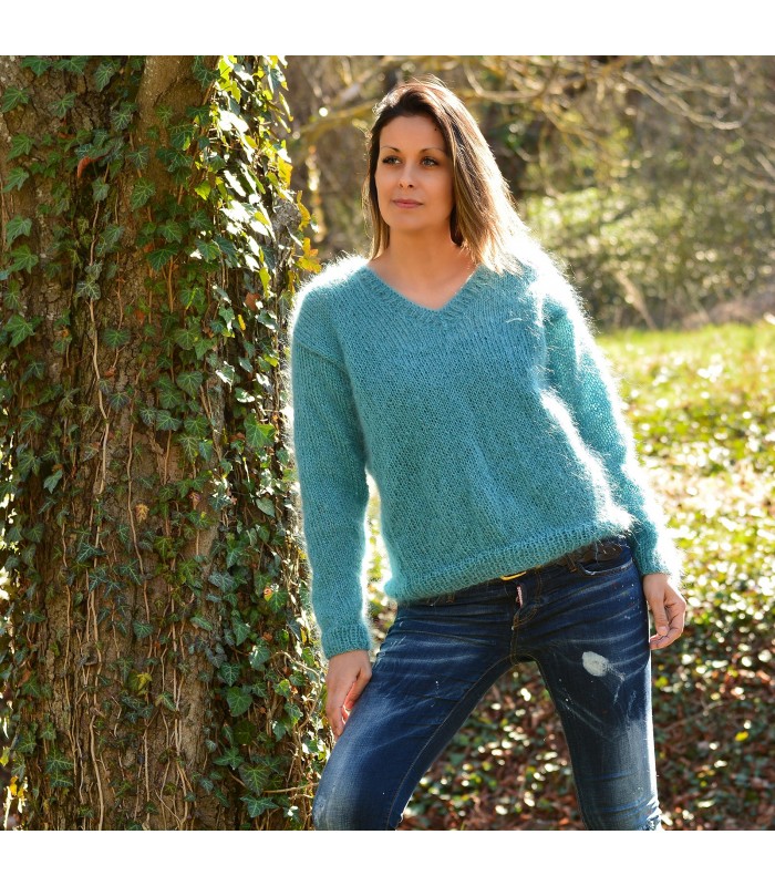 Super Sexy Hand Knit Mohair Sweater Turquoise Color V-Neck