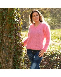 Super Sexy Hand Knit Mohair Sweater Pink Color V-Neck