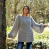 Summer Oversized Slouchy Hand Knitted 100 % Pure Wool Sweater Light Grey color boat neck