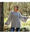 Summer Oversized Slouchy Hand Knitted 100 % Pure Wool Sweater Light Grey color boat neck Jumper
