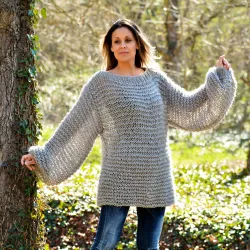 Summer Oversized Slouchy Hand Knitted 100 % Pure Wool Sweater Light Grey color boat neck