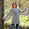 Summer Oversized Slouchy Hand Knitted 100 % Pure Wool Sweater Light Grey color boat neck
