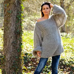 Summer Oversized Slouchy Hand Knitted 100 % Pure Wool Sweater Light Grey color boat neck