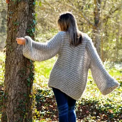 Summer Oversized Slouchy Hand Knitted 100 % Pure Wool Sweater Light Grey color boat neck