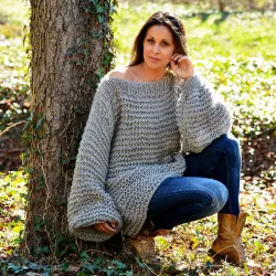 Summer Oversized Slouchy Hand Knitted 100 % Pure Wool Sweater Light Grey color boat neck