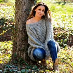 Summer Oversized Slouchy Hand Knitted 100 % Pure Wool Sweater Light Grey color boat neck