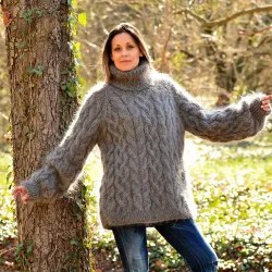 Cable Hand Knitted MohairTurtleneck Sweater Light Gray Fuzzy and Fluffy