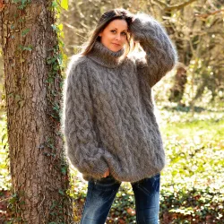 Cable Hand Knitted MohairTurtleneck Sweater Light Gray Fuzzy and Fluffy