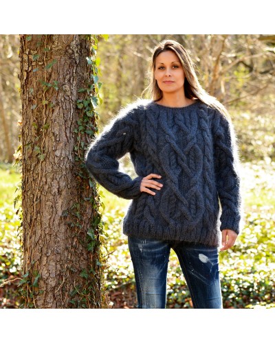 Cable Hand Knit Crew Neck Mohair Sweater Very Dark Gray Color
