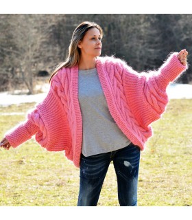 Boutique Hand Knitted Mohair Wool Cardigan Coat Designer Pink Cable Sweater Jacket Oversized