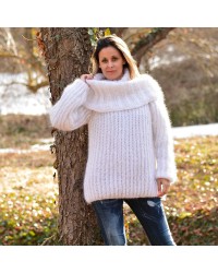 Ribbed Hand Knit Mohair Sweater White color Fuzzy Cowl eneck Pullover by Extravagantza
