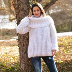 Ribbed Hand Knit Mohair Sweater White color Fuzzy Cowl eneck Pullover by Extravagantza
