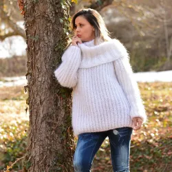 Ribbed Hand Knit Mohair Sweater White color Fuzzy Cowl eneck Pullover by Extravagantza
