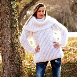 Ribbed Hand Knit Mohair Sweater White color Fuzzy Cowl eneck Pullover by Extravagantza
