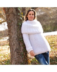 Ribbed Hand Knit Mohair Sweater White color Fuzzy Cowl eneck Pullover by Extravagantza