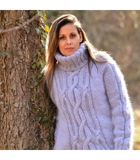 Cable Hand Knitted Mohair Turtleneck Sweater Light Grey color Fuzzy Pullover by Extravagantza