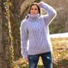 Cable Hand Knitted Mohair Turtleneck Sweater Light Grey color Fuzzy Pullover by Extravagantza