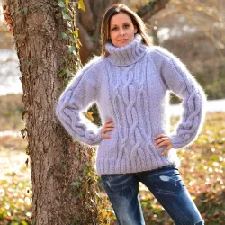 Cable Hand Knitted Mohair Turtleneck Sweater Light Grey color Fuzzy Pullover by Extravagantza