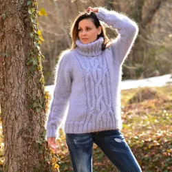 Cable Hand Knitted Mohair Turtleneck Sweater Light Grey color Fuzzy Pullover by Extravagantza