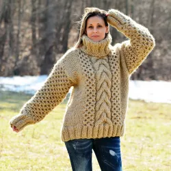 Cable Knitted Chunky 100 % Pure Wool Turtleneck Sweater Beige color by Extravagantza